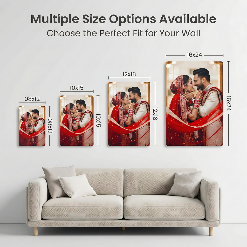 Multiple clear acrylic photo frame sizes showing the same couple portrait