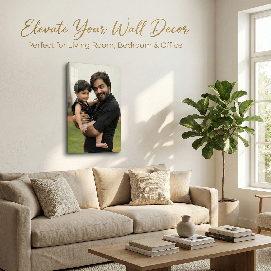 Personalized acrylic wall photo frame with rounded corners, showing a man holding a child.
