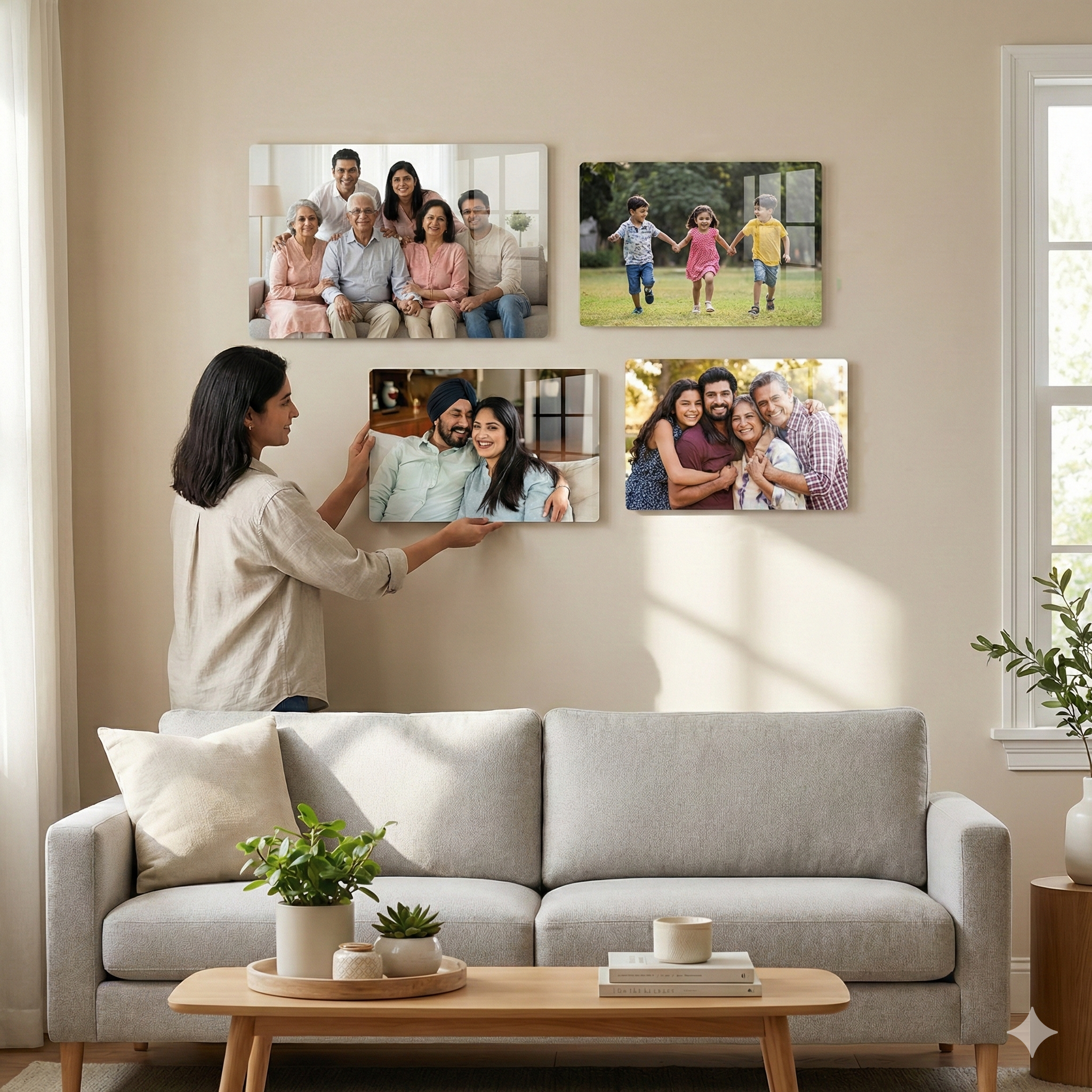 Acrylic wall photo frames with family photos being positioned on a wall