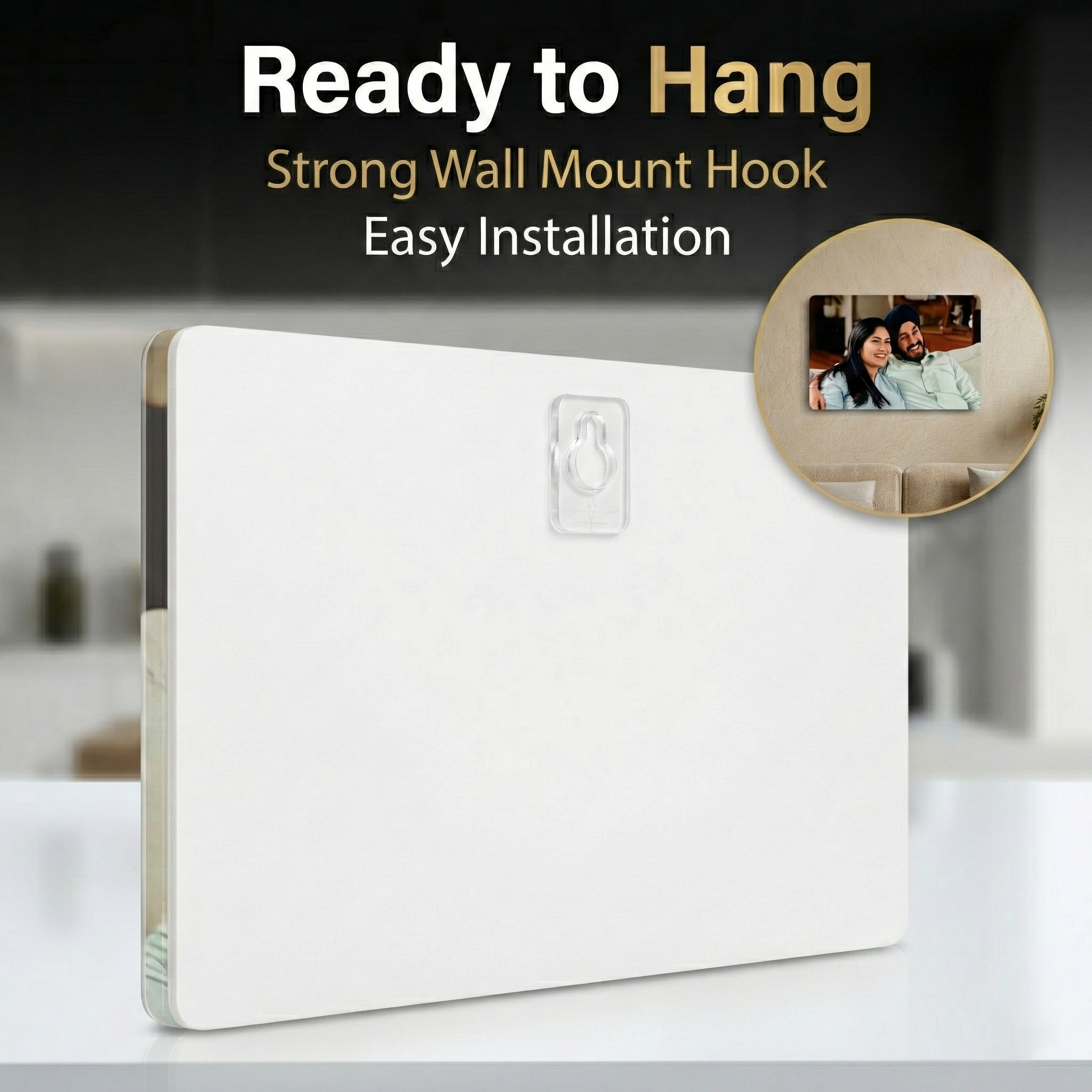 Crystal clear acrylic photo frame with white backing and hanging hook