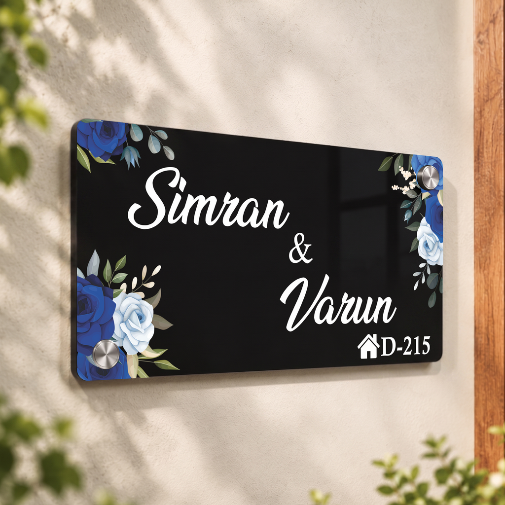 Rectangular black acrylic door name plate, blue floral, Simran & Varun, AD-215