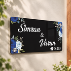 Rectangular black acrylic door name plate, blue floral, Simran & Varun, AD-215