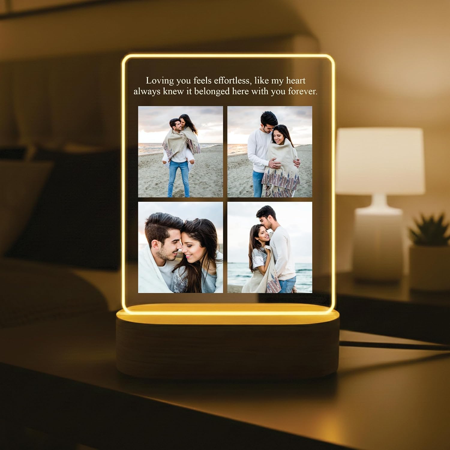 LED acrylic photo frame with warm glowing border and quote above four-photo collage