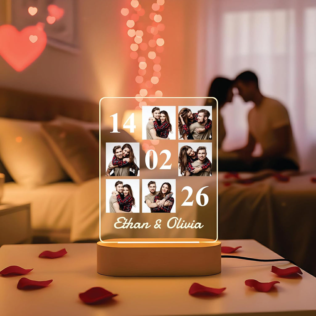 LED acrylic photo frame on a tabletop, glowing white outline with 3 photo thumbnails