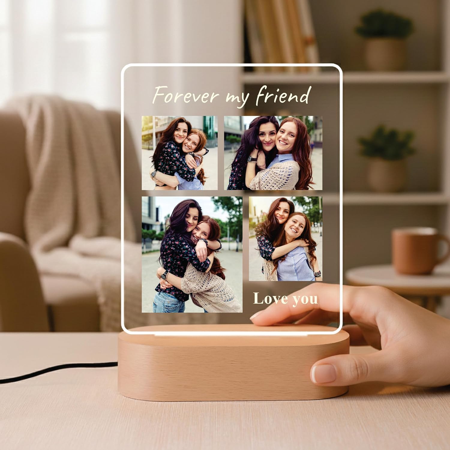 LED acrylic photo frame with wood base, glowing border and four-photo collage
