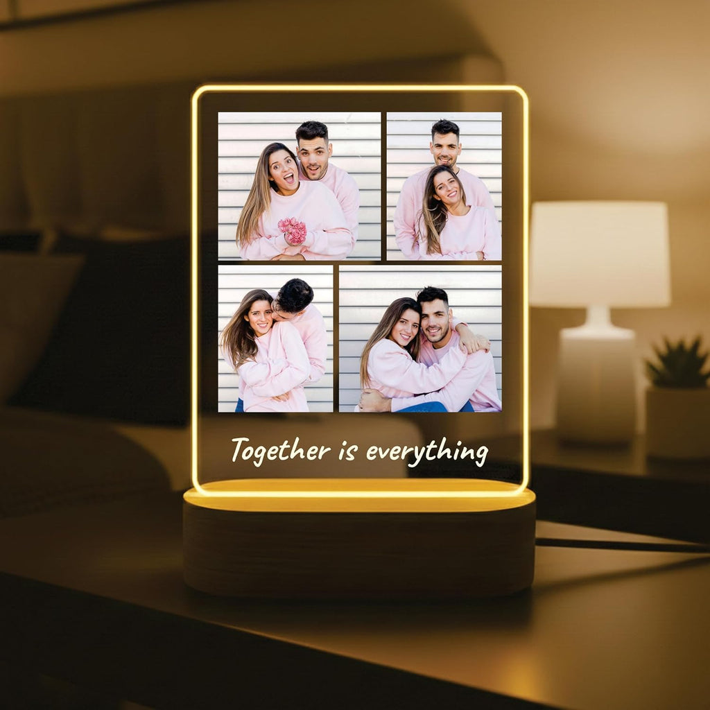LED acrylic photo frame on wood base with four-photo collage and glowing outline