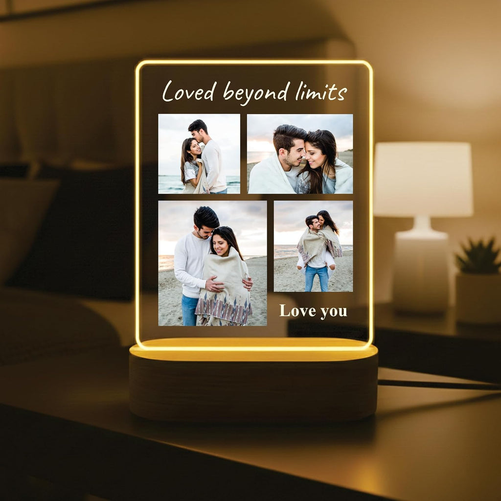 LED acrylic photo frame with wood base, bright glowing border and four-photo collage
