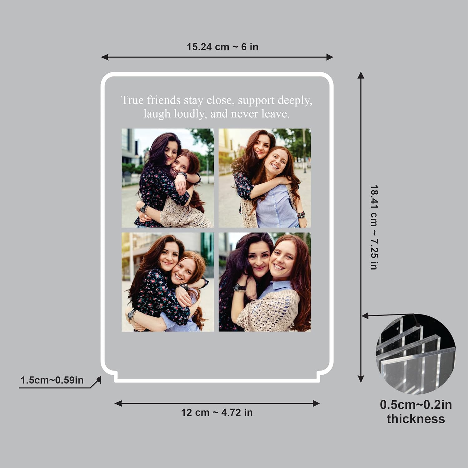 Acrylic LED photo frame size diagram, 0.5cm thickness and 18.4cm height