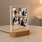 LED acrylic photo frame with four photos, Bestie text, and warm glowing border on wood base