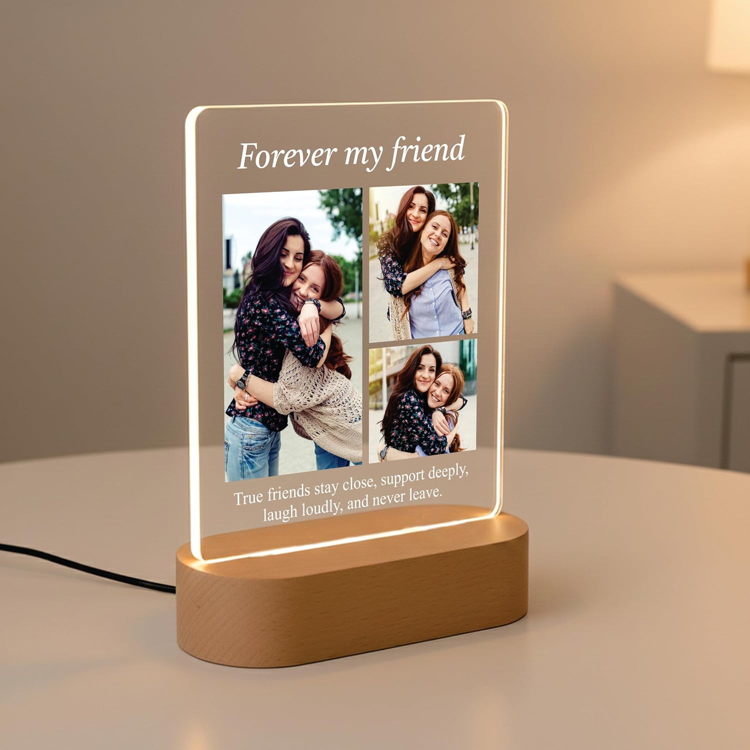 Warm LED acrylic photo frame on wood base with photo collage; “Forever my friend” text