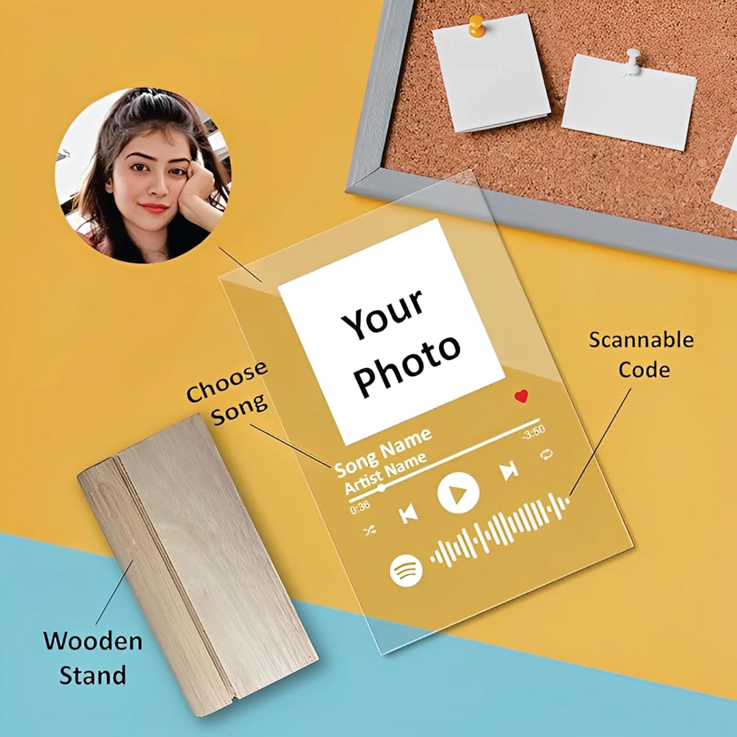 Giftplease Customized Photo & Spotify Plaque,Personalized Tabletop Rectangular Photo Frame With Wooden Stand,Spotify Frame,Gift,Birthday,Anniversary,Gift For Brother & Sister(6 * 9 Inches,Transparent)