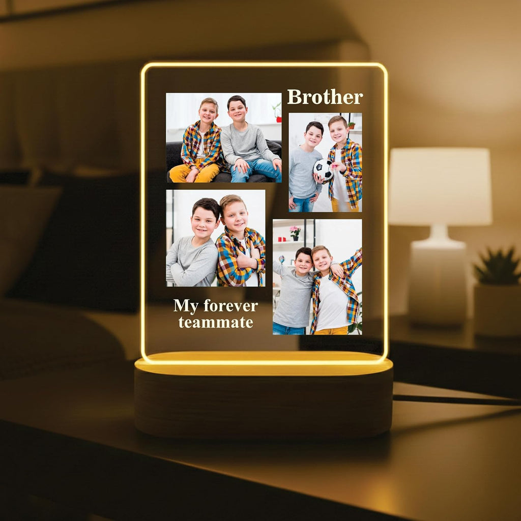 LED acrylic photo frame with four photos, Brother text, and warm glowing border on wood base