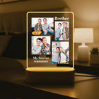 LED acrylic photo frame with four photos, Brother text, and warm glowing border on wood base