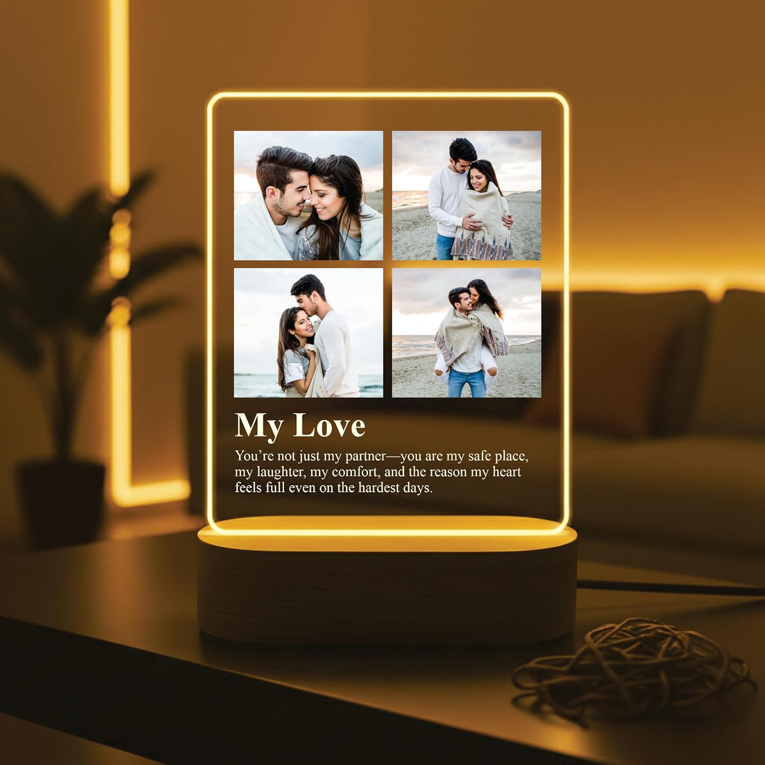 LED acrylic photo frame with four-photo grid and 'My Love' on glowing wooden base