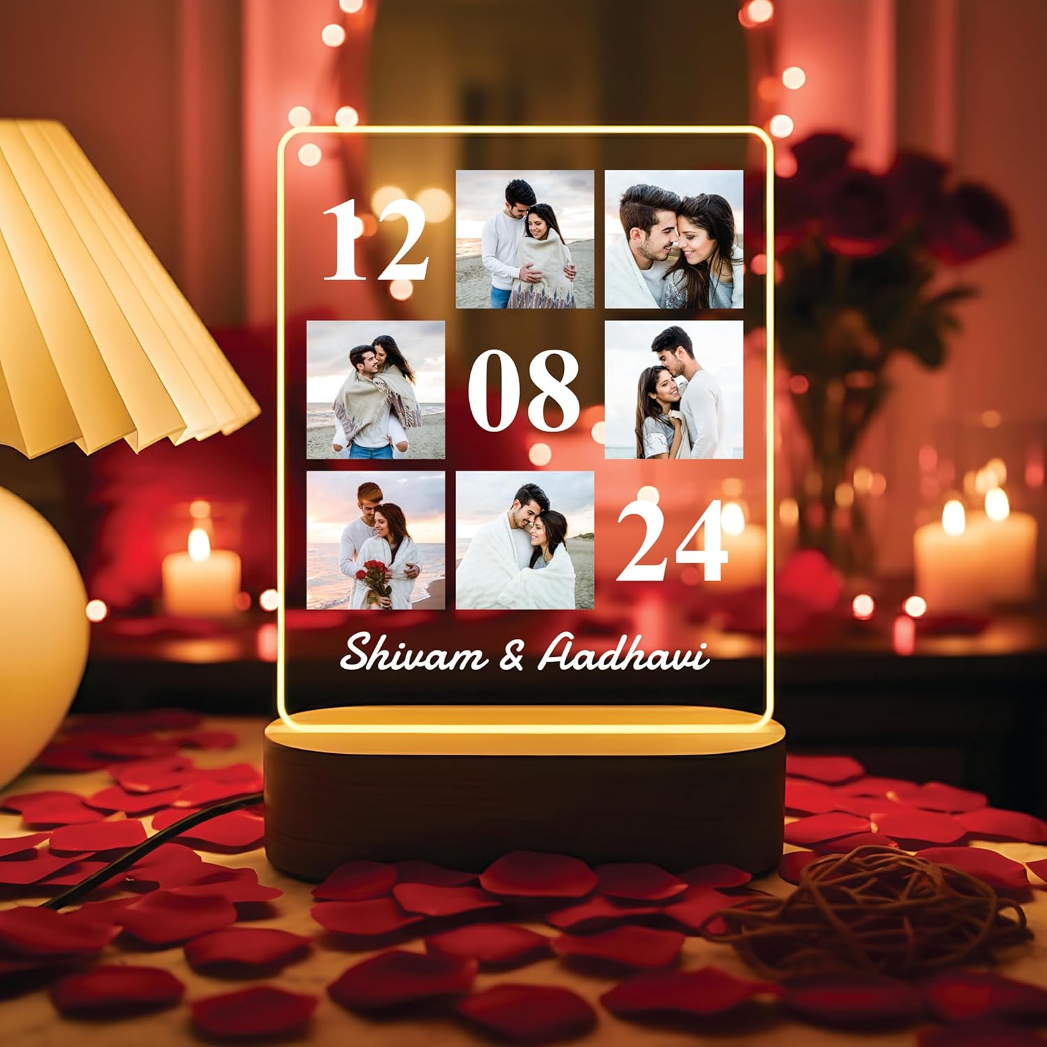 LED acrylic photo frame with 3 photo slots, glowing white outline on a warm wooden base