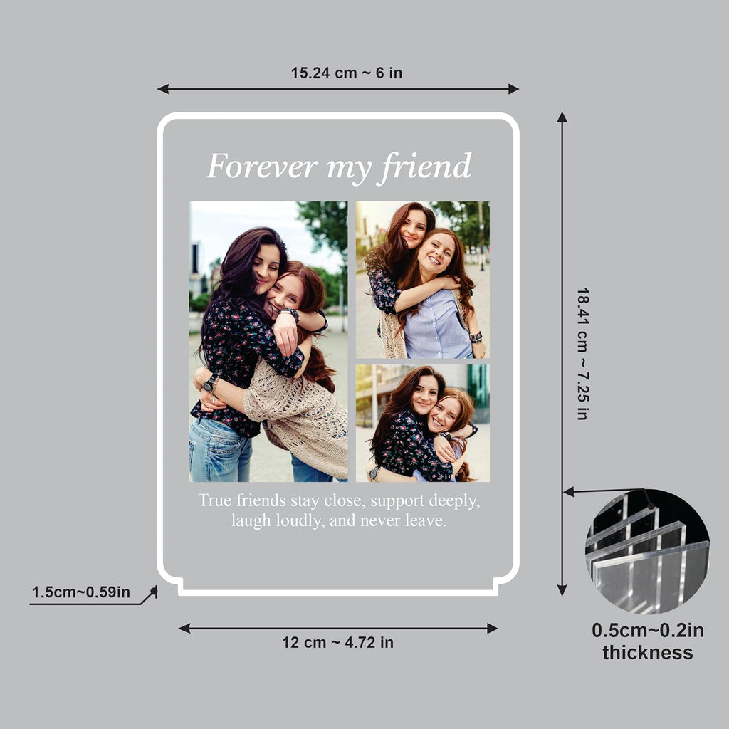 LED acrylic photo frame dimension diagram with “Forever my friend” photo panel