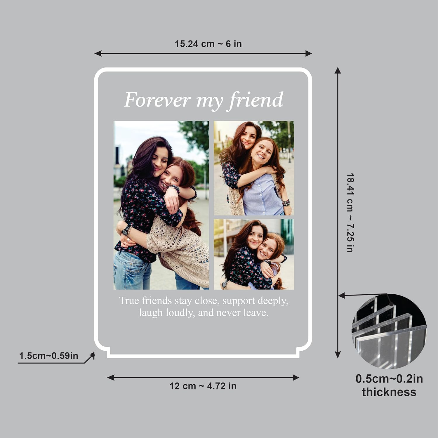 LED acrylic photo frame dimension diagram with “Forever my friend” photo panel