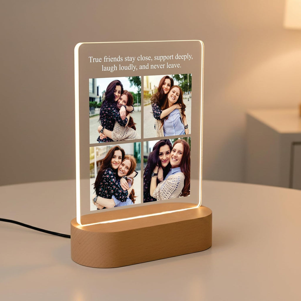 LED acrylic photo frame with warm glow, quote text, four photos on wooden base
