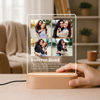 LED acrylic photo frame on wooden base with four photo tiles and 'Forever Bond'