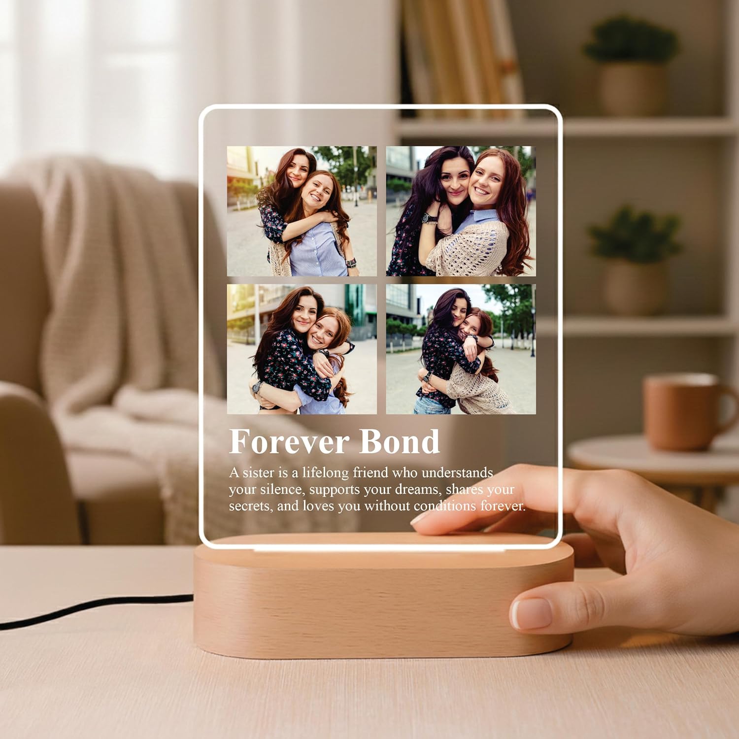 LED acrylic photo frame on wooden base with four photo tiles and 'Forever Bond'