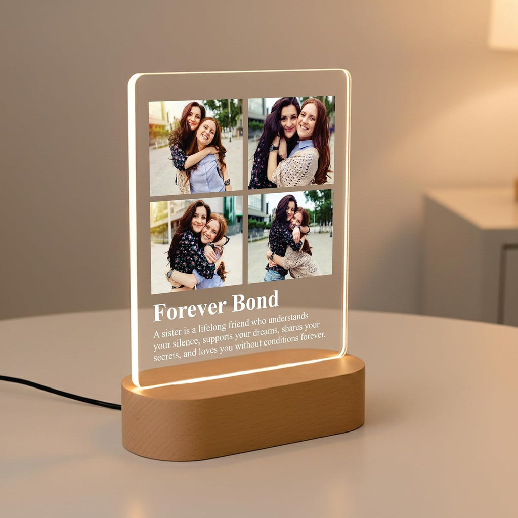 LED acrylic photo frame with four-photo grid and 'Forever Bond' on wooden base