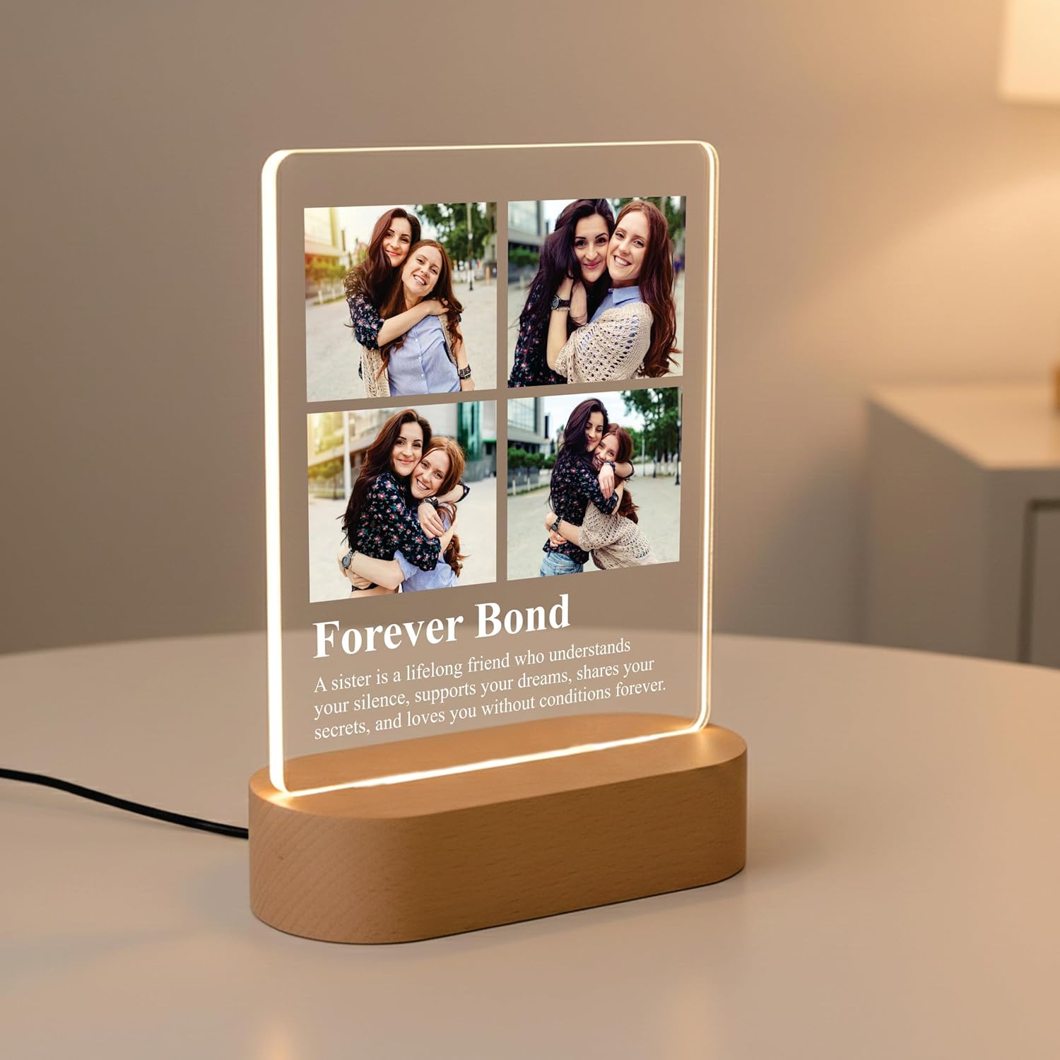 LED acrylic photo frame with four-photo grid and 'Forever Bond' on wooden base