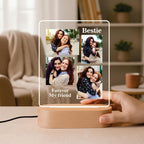 LED acrylic photo frame held in hand with four photos, Bestie text, and glowing border