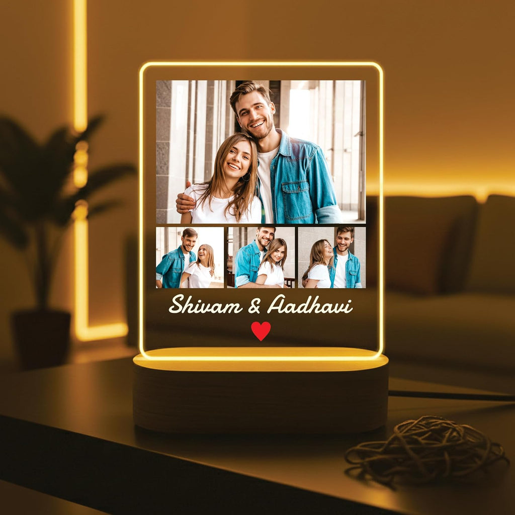 LED acrylic photo frame with warm glow, wood base, 4-photo collage and heart icon