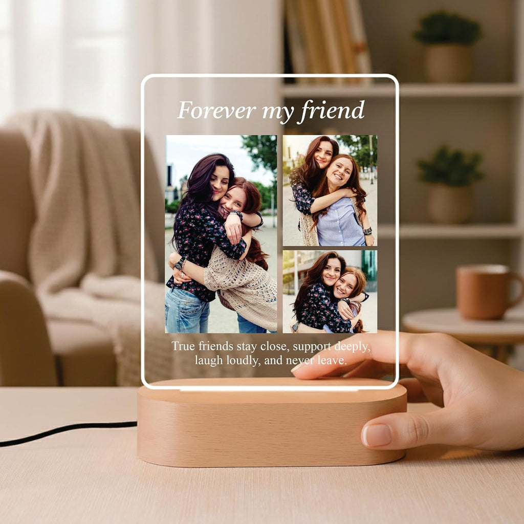 LED acrylic photo frame with photo collage; warm border and “Forever my friend” text