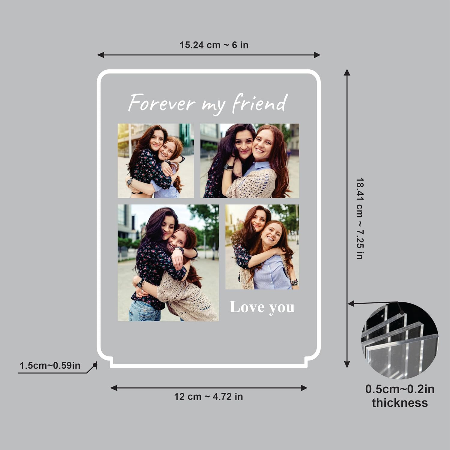 LED acrylic photo frame diagram with wood base size and 0.2in thickness shown
