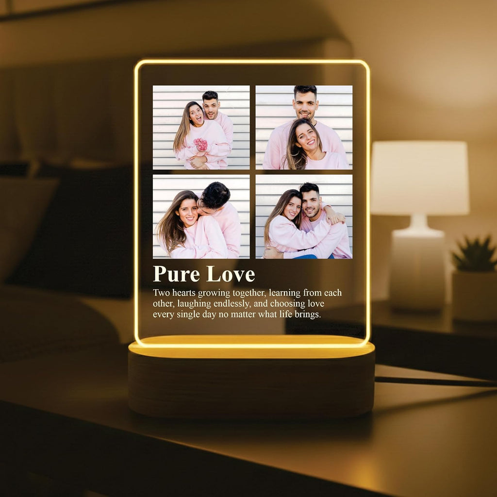 LED acrylic photo frame with four-photo grid and 'Pure Love' on glowing wooden base