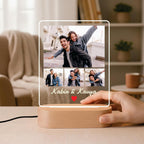 LED acrylic photo frame on wood base with warm glow outline, photo collage and heart