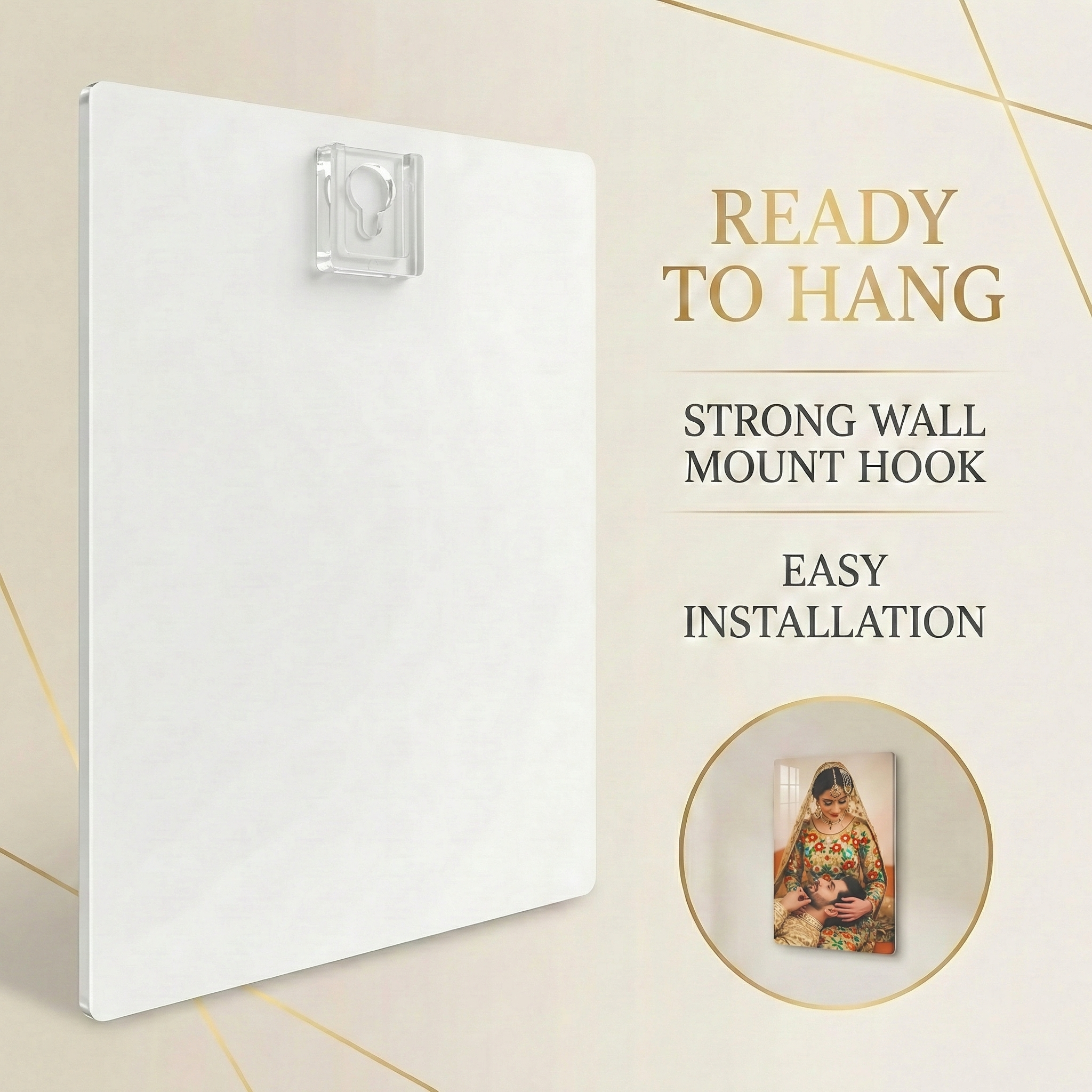 Personalized acrylic wall photo frame back with mounting hook for easy hanging.