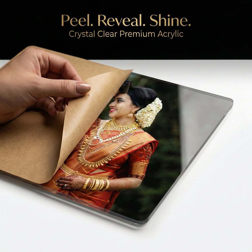 Clear acrylic photo frame being peeled open, revealing a portrait print inside