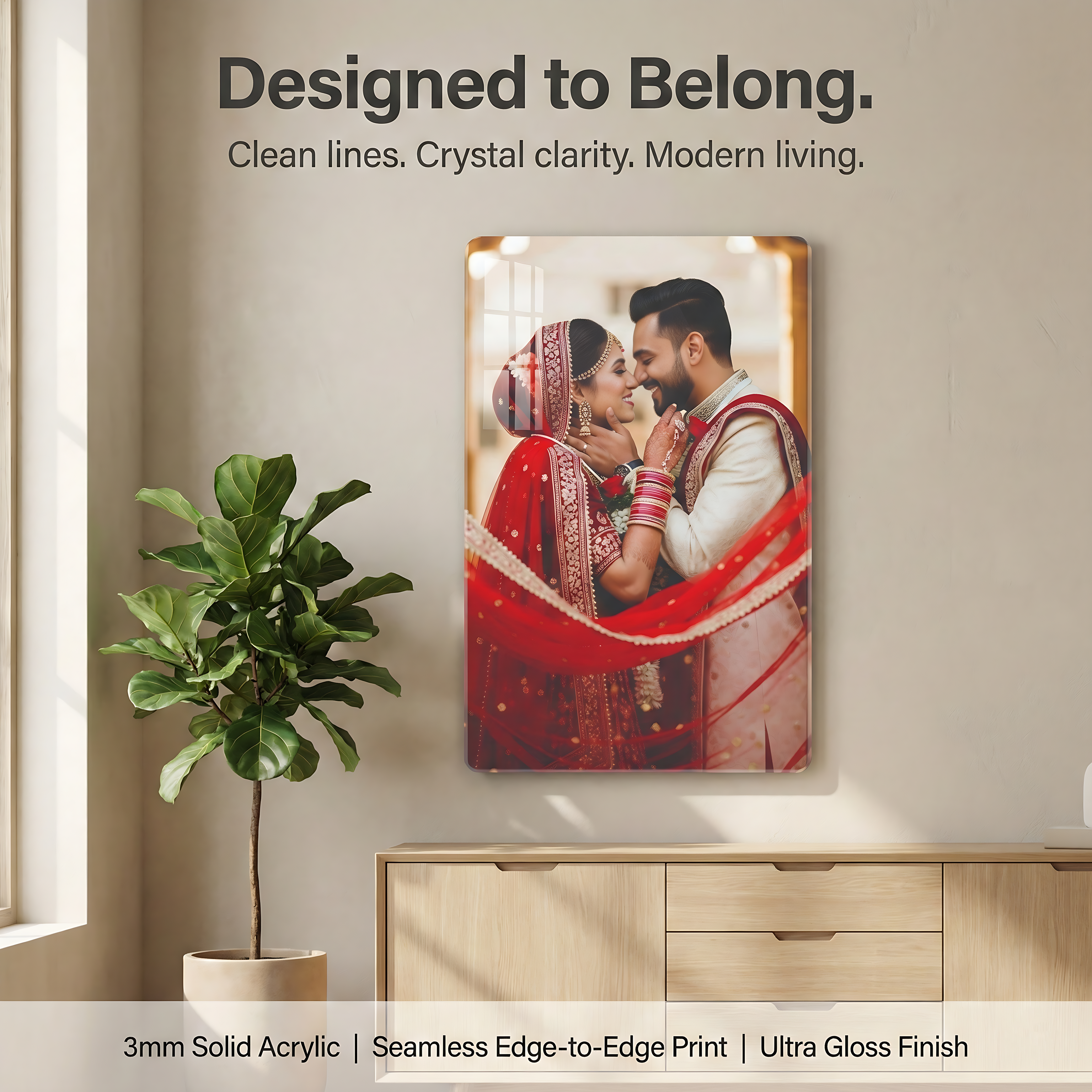Clear acrylic wall photo frame with glossy finish and a couple portrait in red outfits