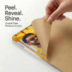 Acrylic photo frame with protective film peeled away from clear cover