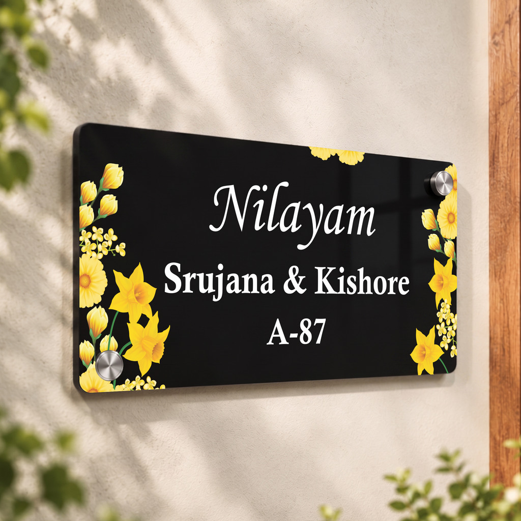 Black acrylic door name plate with yellow flower border and white custom lettering