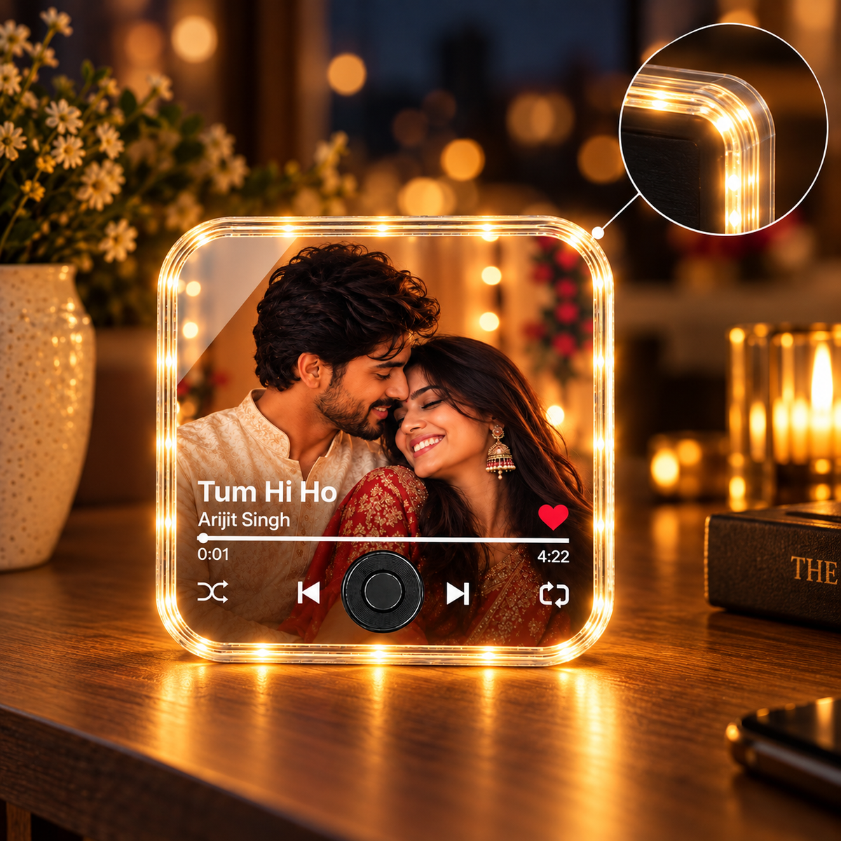 LED photo fridge magnet with glowing frame, couple portrait and music playback controls