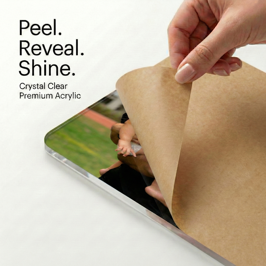 Crystal clear acrylic wall photo frame with protective film being peeled from the surface.