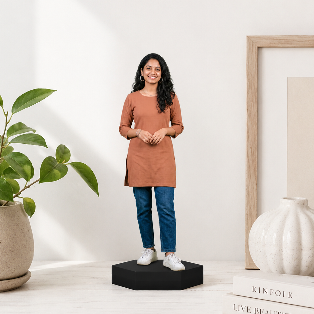 Personalized photo cutout of a woman in a rust dress standing on a black base