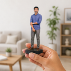 Personalized photo cutout of a man in a blue shirt on a black base held by a hand