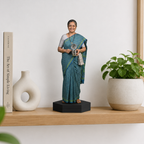 Personalized photo cutout of a woman in a teal sari holding a coin on a black base
