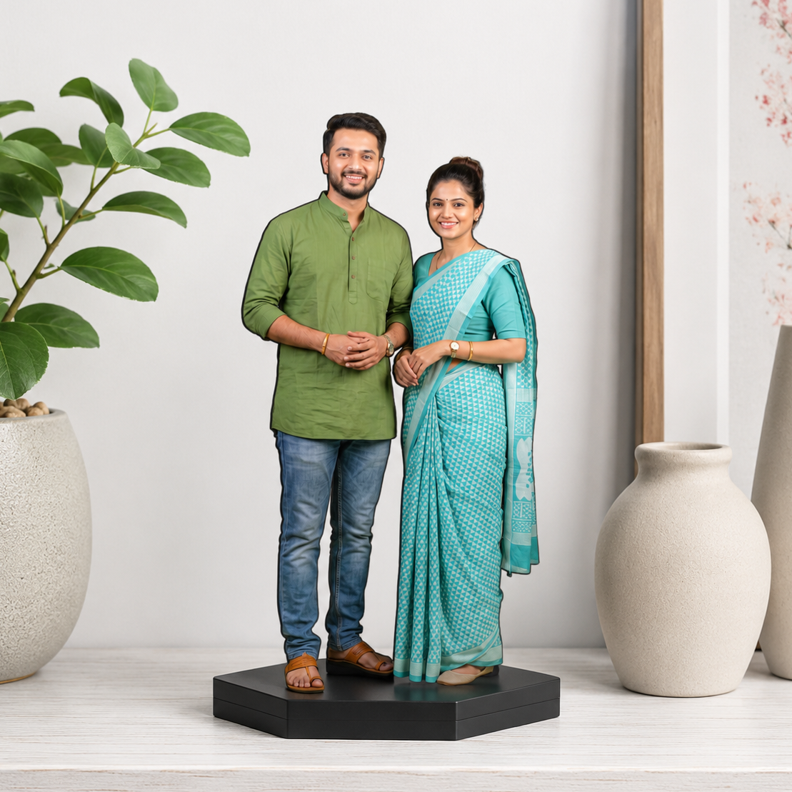 Personalized photo cutout display of couple in green and blue outfits on black base
