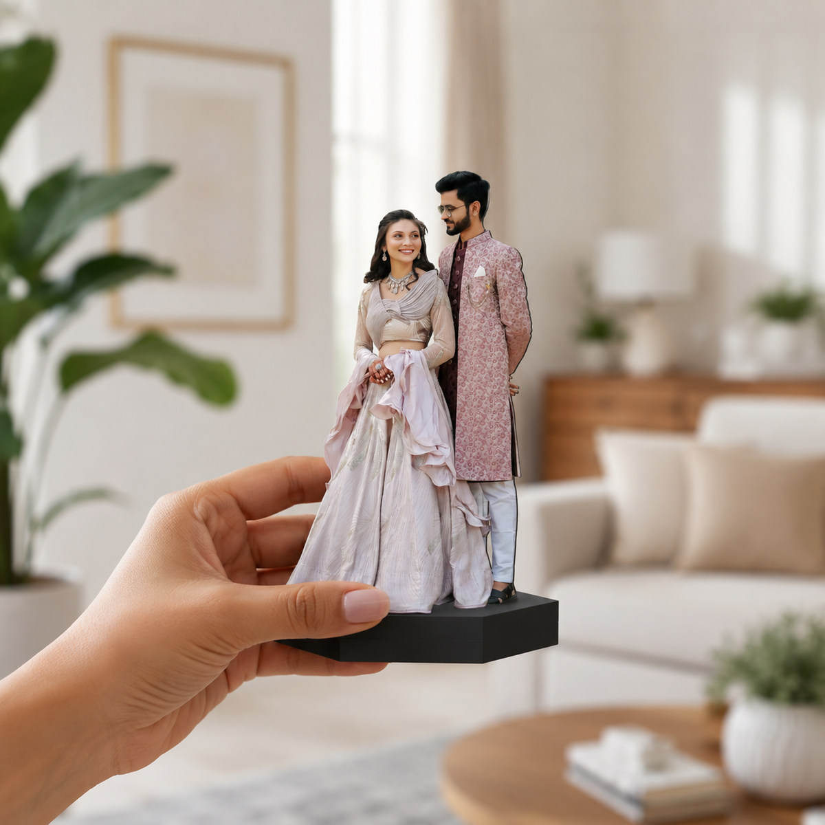 Personalized photo cutout display of couple with child on black base