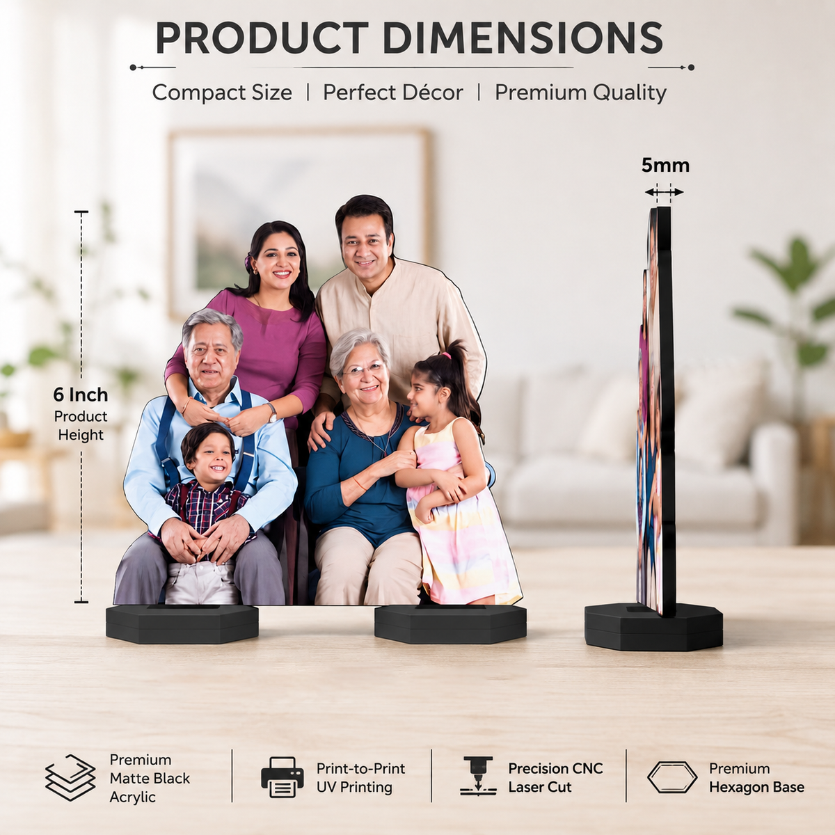 Family photo acrylic cutout on black hexagon stand with four-person figures