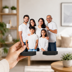 Personalized family photo acrylic cutouts on black hexagon stands, two displays