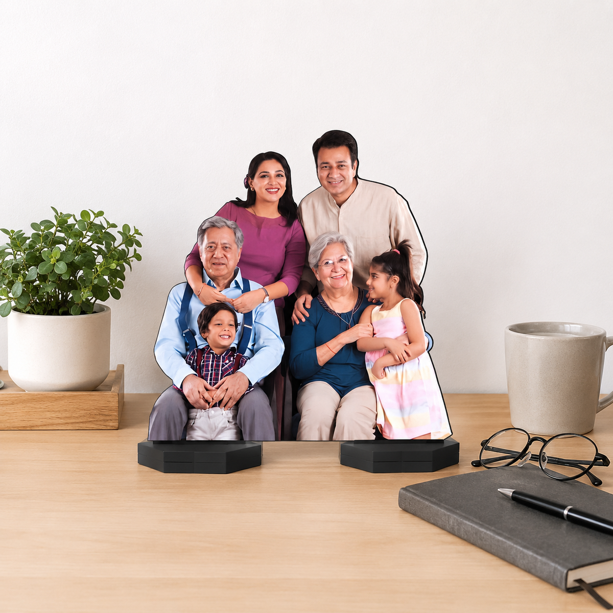 Family photo acrylic cutouts on black bases, desktop display set of two