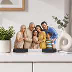 Family photo acrylic cutout on black hexagon stand, three-generation group