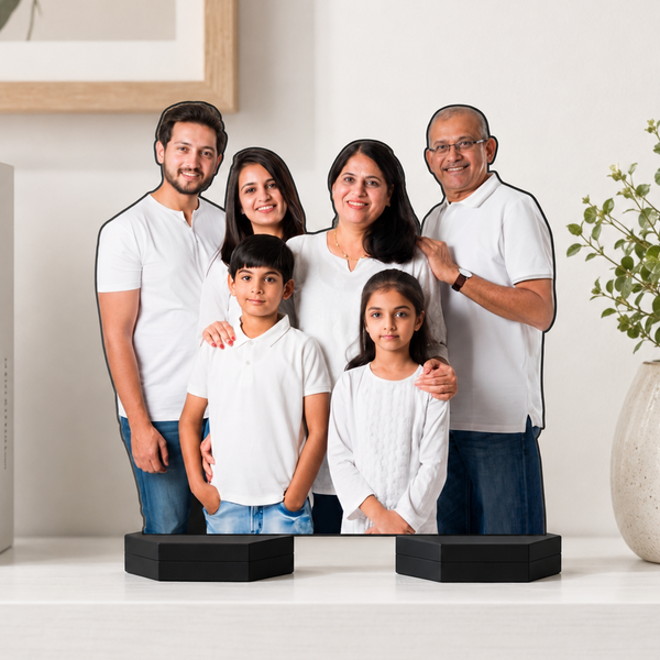 Family photo acrylic cutouts on black hexagon bases, front-facing group photos