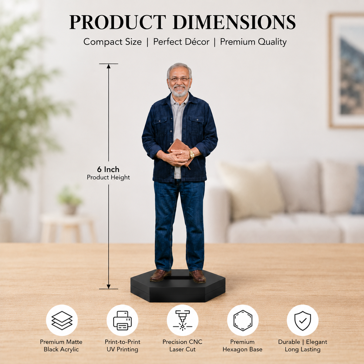Personalized photo cutout on a black base shown with product dimensions diagram